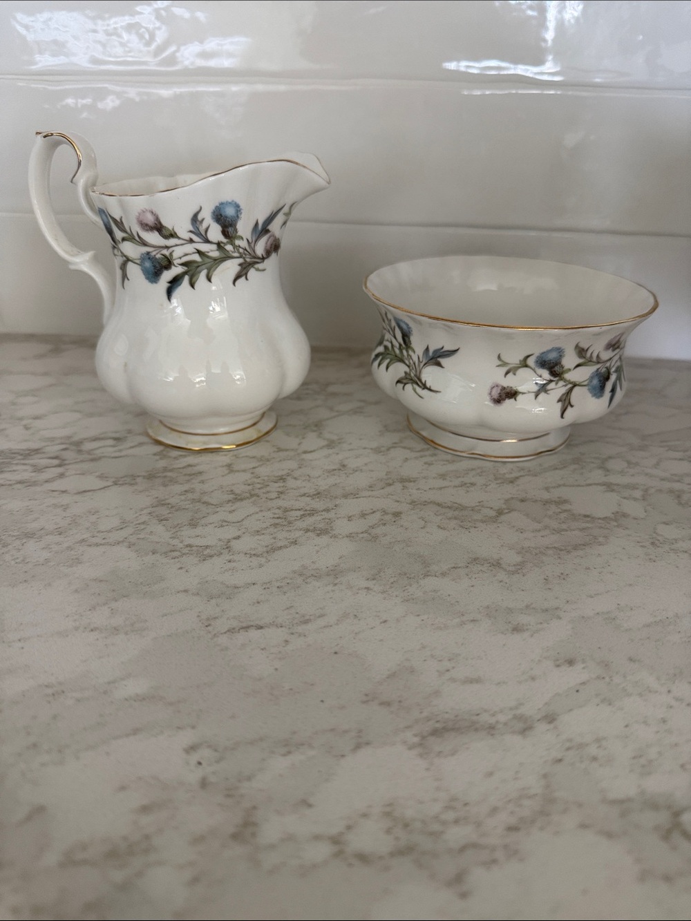 Royal AlbertVintage Fine China Creamer and Sugar Bowl with Blue Floral Trim